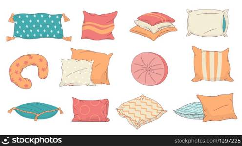 Cartoon cushion. Interior design textile decorative element. Square and rectangular sleeping pillows for bed and sofa. Bedroom or living room isolated comfort accessory. Vector feather beddings set. Cartoon cushion. Interior design textile decorative element. Square and rectangular sleeping pillows for bed and sofa. Bedroom or living room comfort accessory. Vector beddings set