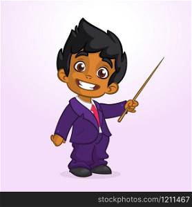 Cartoon cute afro-american boy businessman presenting with pointer. Vector illustration of arab or indian boy presenting. Cartoon arab boy presenting
