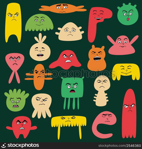 Cartoon cute and funny faces with positive and negative emotions. Comic monster characters with eyes and mouth. Hand drawn facial expressions set. Vector flat bacterium icons.