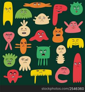 Cartoon cute and funny faces with positive and negative emotions. Comic monster characters with eyes and mouth. Hand drawn facial expressions set. Vector flat bacterium icons.