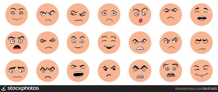 Cartoon cute and funny faces with positive and negative emotions. Comic caricature characters with eyes and mouth. Hand drawn facial expressions set. Vector flat avatar icons.