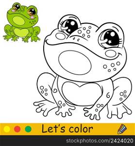 Cartoon cute and happy frog. Coloring book page with colorful template for kids. Vector isolated illustration. For coloring book, print, game, party, design. Cartoon cute happy frog coloring vector illustration