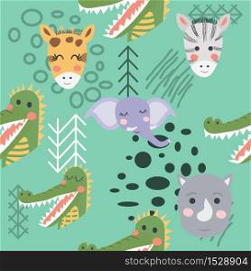 Cartoon cute animal tribal faces. Boho cute animals pattern.. Cartoon cute animal tribal faces. Boho cute animals pattern