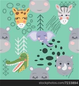 Cartoon cute animal tribal faces. Boho cute animals pattern.. Cartoon cute animal tribal faces. Boho cute animals pattern
