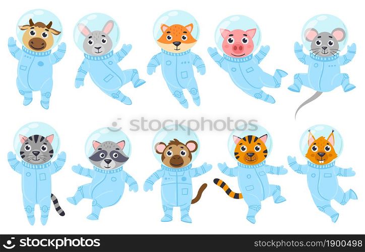 Cartoon cute animals, pig, mouse and cat astronauts in space suits. Space cosmonauts raccoon, cow, monkey vector illustration set. Galaxy animals astronauts cat and fox, cow and mouse. Cartoon cute animals, pig, mouse and cat astronauts in space suits. Space cosmonauts raccoon, cow, monkey vector illustration set. Galaxy animals astronauts