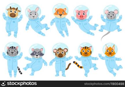 Cartoon cute animals, pig, mouse and cat astronauts in space suits. Space cosmonauts raccoon, cow, monkey vector illustration set. Galaxy animals astronauts cat and fox, cow and mouse. Cartoon cute animals, pig, mouse and cat astronauts in space suits. Space cosmonauts raccoon, cow, monkey vector illustration set. Galaxy animals astronauts