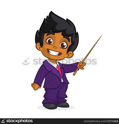 Cartoon cute arab boy dressed up in a mans business blue suit presenting with pointer. Vector illustration of afro-american or indian boy presenting. Cartoon arab boy presenting