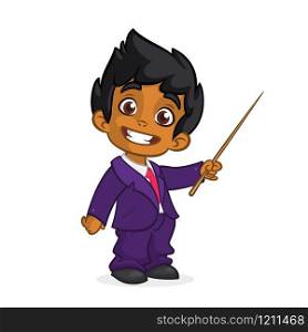 Cartoon cute arab boy dressed up in a mans business blue suit presenting with pointer. Vector illustration of afro-american or indian boy presenting. Cartoon arab boy presenting