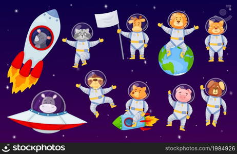 Cartoon cute astronaut animals in spacesuits flying in space. Funny animal characters in rocket or spaceship, lion, fox astronauts vector set. Discovering galaxy and planet in rocket