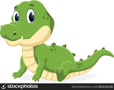 Cartoon cute baby crocodile sitting on white background
