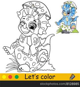 Cartoon cute baby dinosaur blue Triceratops sitting in egg. Coloring book page with colorful template for kids. Vector isolated illustration. For coloring book, print, game, party, design. Cartoon blue baby Triceratops in egg coloring book page vector