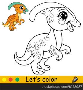 Cartoon cute baby dinosaur Parasaurolophus. Coloring book page with colorful template for kids. Vector isolated illustration. For coloring book, print, game, party, design. Cartoon standing baby Parasaurolophus coloring book page vector