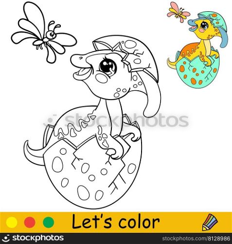 Cartoon cute baby dinosaur Parasaurolophus sitting in egg. Coloring book page with colorful template for kids. Vector isolated illustration. For coloring book, print, game, party, design. Cartoon baby Parasaurolophus in egg coloring book page vector