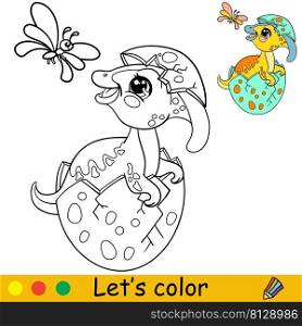 Cartoon cute baby dinosaur Parasaurolophus sitting in egg. Coloring book page with colorful template for kids. Vector isolated illustration. For coloring book, print, game, party, design. Cartoon baby Parasaurolophus in egg coloring book page vector