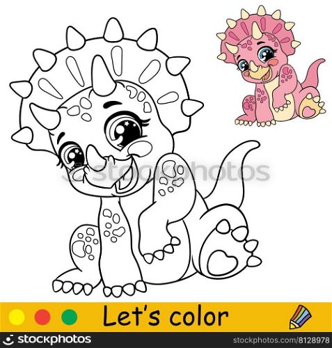 Cartoon cute baby dinosaur pink sitting Triceratops. Coloring book page with colorful template for kids. Vector isolated illustration. For coloring book, print, game, party, design. Cartoon pink baby Triceratops coloring book page vector