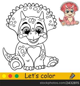 Cartoon cute baby dinosaur triceratops. Coloring book page with colorful template for kids. Vector isolated illustration. For coloring book, print, game, party, design. Cartoon baby dinosaur triceratops coloring book page vector