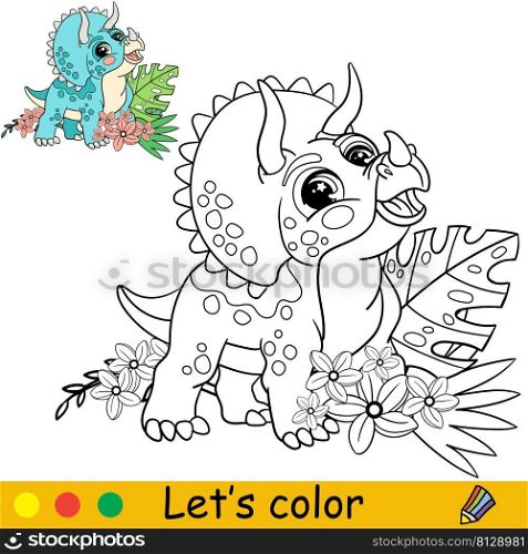 Cartoon cute baby dinosaur Triceratops with tropical plants. Coloring book page with colorful template for kids. Vector isolated illustration. For coloring book, print, game, party, design. Cartoon Triceratops with tropical plants coloring book page vector