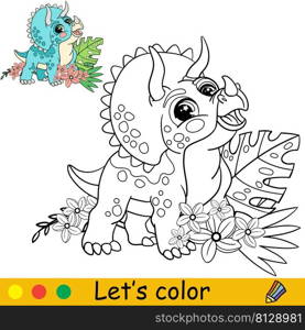Cartoon cute baby dinosaur Triceratops with tropical plants. Coloring book page with colorful template for kids. Vector isolated illustration. For coloring book, print, game, party, design. Cartoon Triceratops with tropical plants coloring book page vector