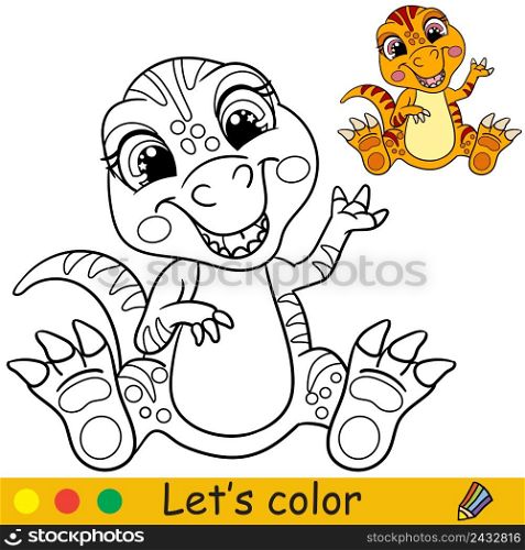 Cartoon cute baby dinosaur tyrannosaurus. Coloring book page with colorful template for kids. Vector isolated illustration. For coloring book, print, game, party, design. Cartoon baby dinosaur tyrannosaurus coloring book page vector