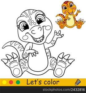 Cartoon cute baby dinosaur tyrannosaurus. Coloring book page with colorful template for kids. Vector isolated illustration. For coloring book, print, game, party, design. Cartoon baby dinosaur tyrannosaurus coloring book page vector