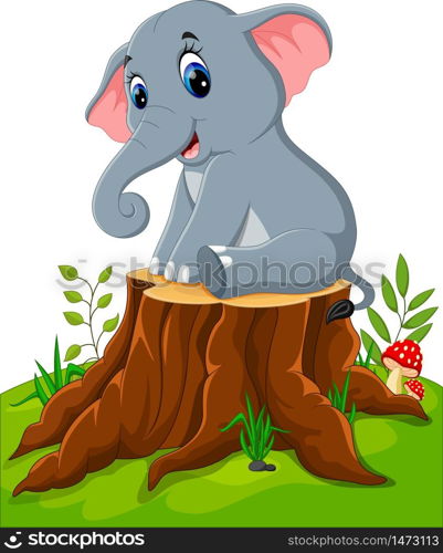 Cartoon cute baby elephant on tree stump