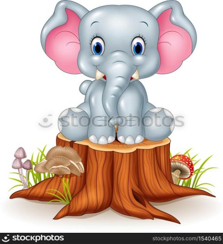 Cartoon cute baby elephant on tree stump