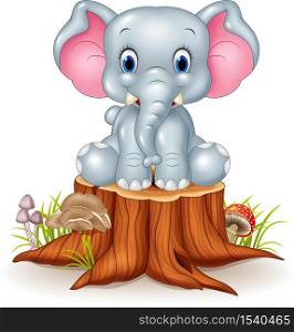 Cartoon cute baby elephant on tree stump