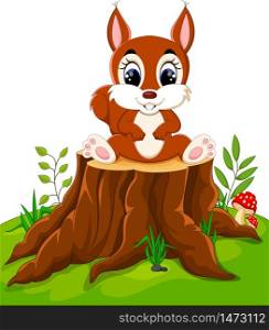 Cartoon cute baby squirrel on tree stump