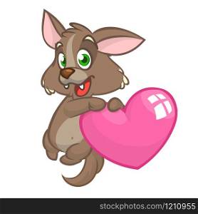 Cartoon cute baby wolf in love and holding a heart love. Vector illustration for St Valentines Day. Isolated