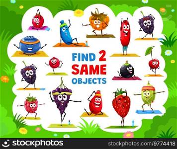 Cartoon cute berry characters on yoga fitness. Find two same berries game. Kids game vector worksheet, child puzzle. Grape and rosehip, blueberry, strawberry and honeyberry, cowberry and raspberry. Cartoon berry character on yoga find two same game