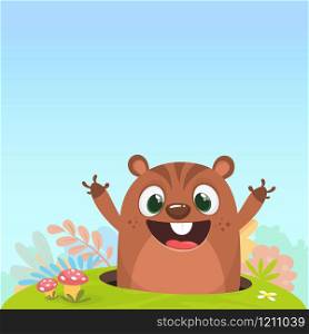 Cartoon cute brown groundhog or marmot or woodchuck in major hat waving his hands. Vector illustration. Groundhog day.