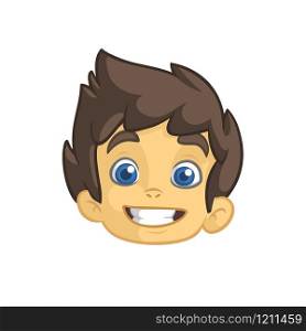 Cartoon cute brunette boy. Vector illustration of young teenager outlined. Boy head icon. Cartoon little boy smiling head