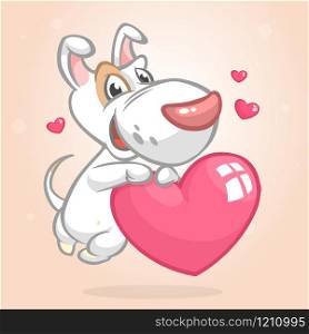 Cartoon cute bull-terier puppy holding a heart love. Vector illustration for St Valentines Day. Isolated