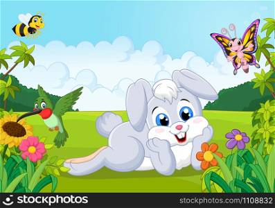 Cartoon cute bunny in the jungle