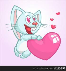 Cartoon cute Bunny rabbit in love holding a heart. Vector illustration for St Valentines Day. Isolated