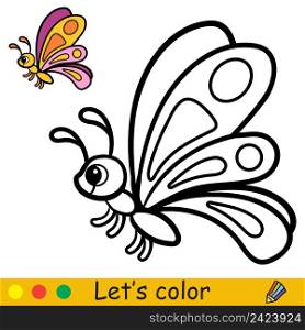 Cartoon cute butterfly. Coloring book page with colorful template for kids. Vector isolated illustration. For coloring book, print, game, party, design. Cartoon cute butterfly coloring book page for kids vector