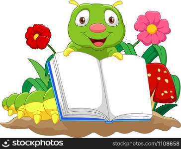 Cartoon cute caterpillar holding book