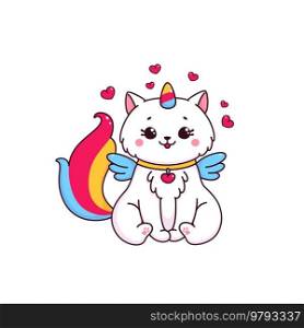 Cartoon cute caticorn character. Magic kitten , fairytale creature with wings, unicorn horn and rainbow tail vector mascot. Isolated kawaii cat, caticorn in love vector personage with heart coulomb. Cartoon adorable caticorn character in love