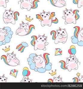 Cartoon cute caticorn seamless pattern with funny cat animal unicorn characters. Vector background of kawaii pink cats or kittens with rainbow tails and horns, clouds, ice cream cones and balloons. Cartoon cute caticorn seamless pattern, funny cats
