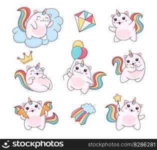 Cartoon cute caticorns, funny unicorn cats and kittens with rainbow tails, vector characters. Cheerful caticorns with princess crown, balloons or rainbow dream clouds and magic wand for kids design. Cartoon cute caticorns, funny unicorn cats kittens