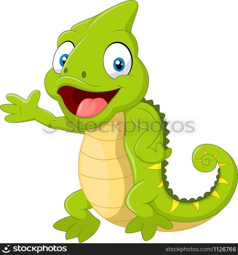 Cartoon cute Chameleon waving hand on white background