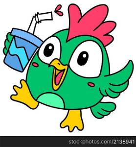cartoon cute chicken drinking ice from a glass
