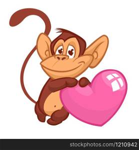 Cartoon cute chimpanzee monkey in love and holding a love heart. Vector illustration for St Valentines Day. Isolated