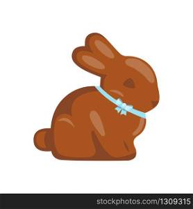 Cartoon cute chocolate easter bunny with blue bow, vector illustration