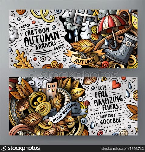 Cartoon cute colorful vector doodles Autumn corporate identity. 2 horizontal banners design detailed with lots of separated objects. Templates set. Cartoon cute vector doodles Autumn 2 horizontal banners