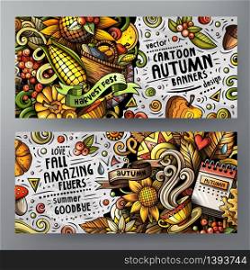 Cartoon cute colorful vector doodles Autumn corporate identity. 2 horizontal banners design detailed with lots of separated objects. Templates set. Cartoon cute vector doodles Autumn 2 horizontal banners