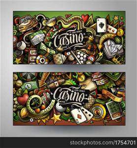 Cartoon cute colorful vector doodles Casino corporate identity. 2 horizontal banners design. Templates set. Cartoon cute colorful vector doodles Casino banners