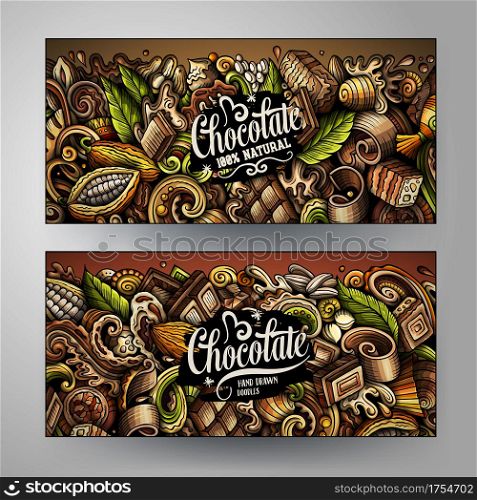 Cartoon cute colorful vector doodles Chocolate corporate identity. 2 horizontal banners design. Templates set. Cartoon cute colorful vector doodles Chocolate banners