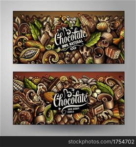 Cartoon cute colorful vector doodles Chocolate corporate identity. 2 horizontal banners design. Templates set. Cartoon cute colorful vector doodles Chocolate banners