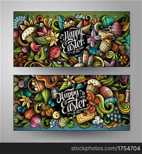 Cartoon cute colorful vector doodles Happy Easter corporate identity. 2 horizontal banners design. Templates set. Cartoon cute colorful vector doodles Happy Easter banners